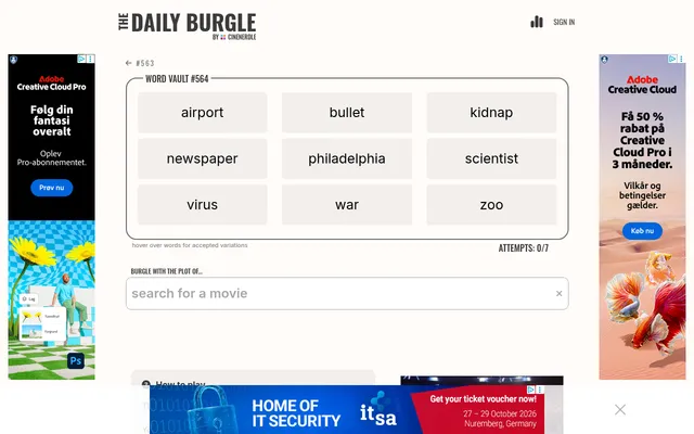 The Daily Burgle Word Vault #564: nine plot words (airport, bullet, kidnap, newspaper, philadelphia, scientist, virus, war, zoo) above the search for a movie box, attempts 0 of 7