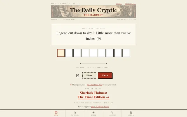 The Daily Cryptic No. 36 for Tuesday, 6 October 2026: a newspaper masthead, the clue Legend cut down to size? Little more than twelve inches (9), nine answer boxes, Hints and Check