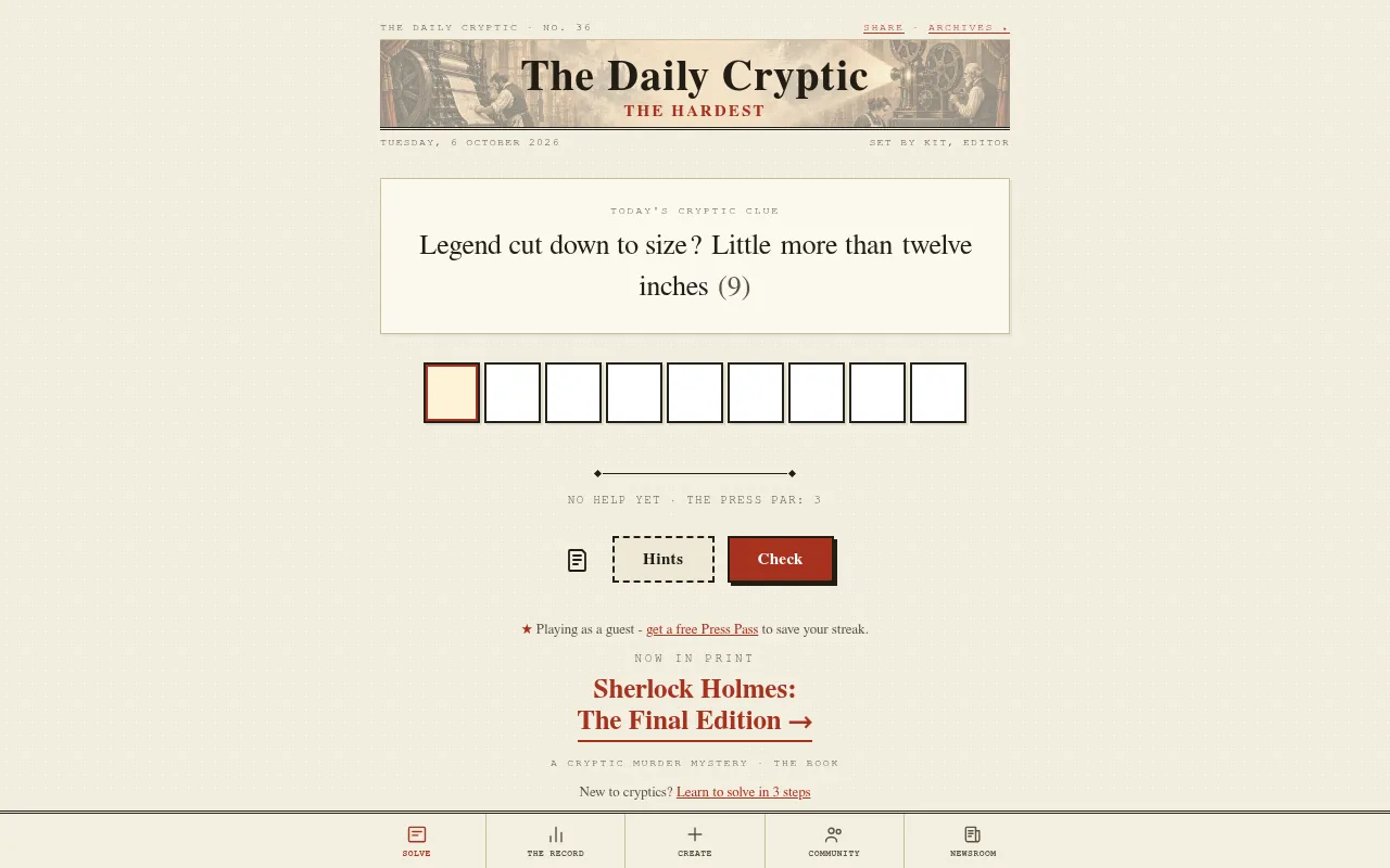 The Daily Cryptic No. 36 for Tuesday, 6 October 2026: a newspaper masthead, the clue Legend cut down to size? Little more than twelve inches (9), nine answer boxes, Hints and Check