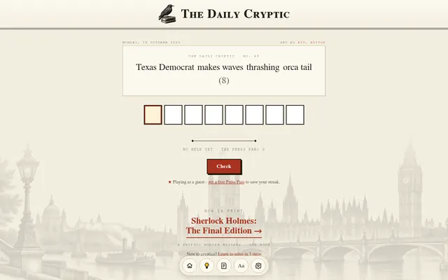 The Daily Cryptic No. 49 for Monday, 19 October 2026: the clue Texas Democrat makes waves thrashing orca tail (8), eight empty answer boxes, the Press Par line and Check