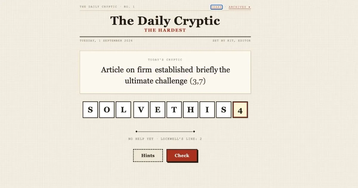 The Daily Cryptic's card: issue No. 1 with a clue and the answer boxes reading SOLVE THIS, beside Hints and Check buttons