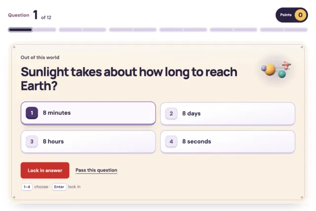 The Daily Dozen's question screen: question 1 of 12, from the Out of this world theme, with four answer buttons, a Lock in answer button and a points counter