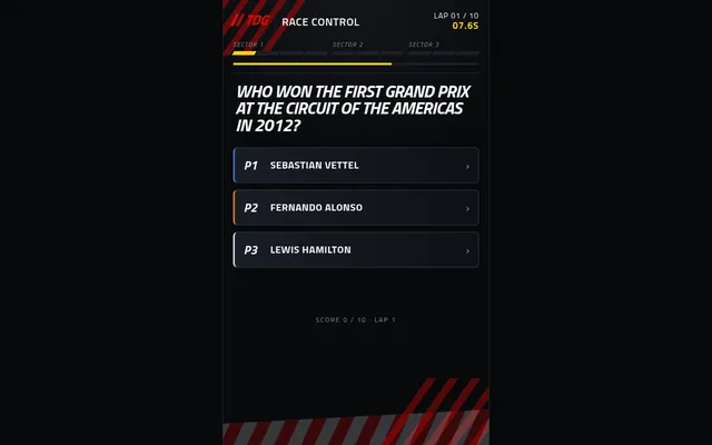 The Daily Grid's Race Control screen: lap 1 of 10, a question on who won the first Grand Prix at the Circuit of the Americas in 2012, three answers and a countdown timer