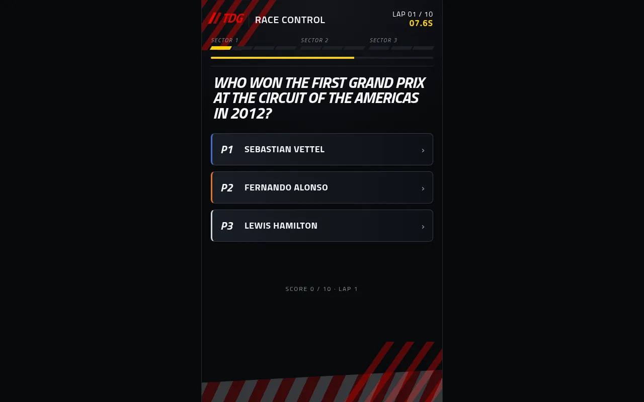 The Daily Grid's Race Control screen: lap 1 of 10, a question on who won the first Grand Prix at the Circuit of the Americas in 2012, three answers and a countdown timer