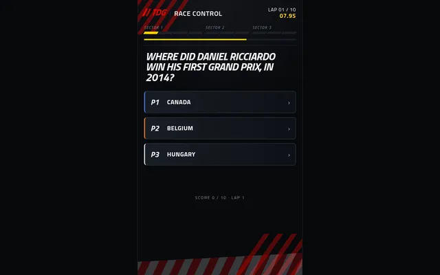 The Daily Grid's Race Control screen on 27 October 2026: lap 1 of 10, a question on where Daniel Ricciardo won his first Grand Prix in 2014, three answers and the countdown