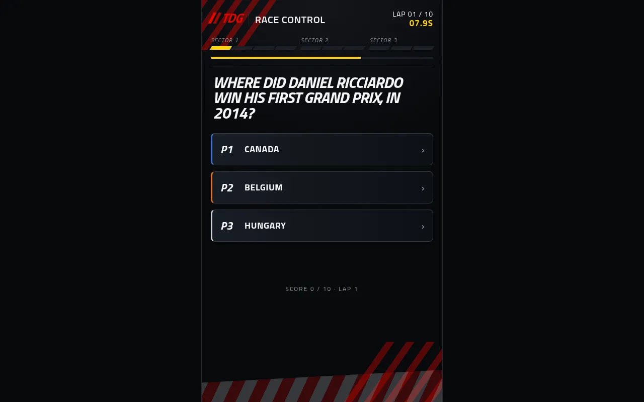 The Daily Grid's Race Control screen on 27 October 2026: lap 1 of 10, a question on where Daniel Ricciardo won his first Grand Prix in 2014, three answers and the countdown