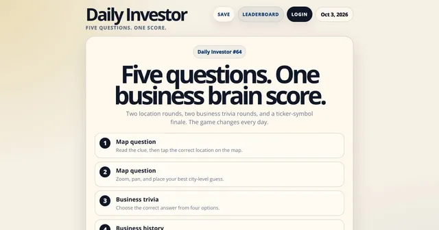 Daily Investor #64 start page listing the rounds: two map questions, business trivia and business history