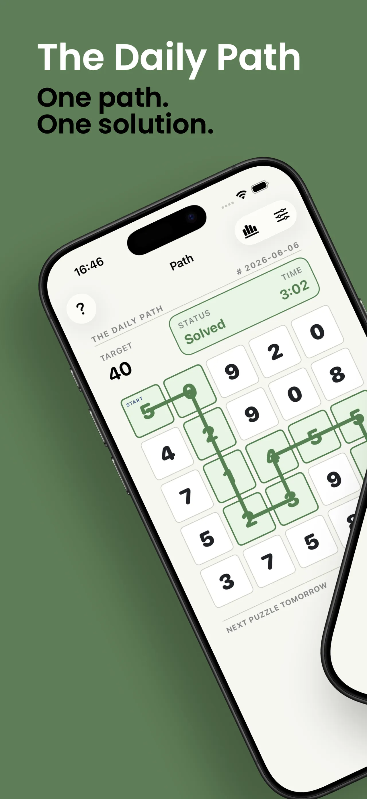 A solved Daily Path puzzle with the winning route highlighted in green and the status Solved