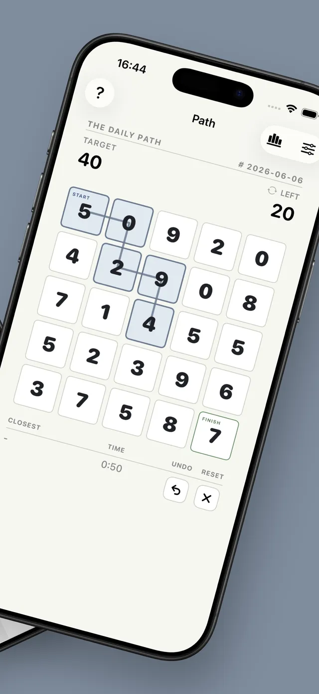 A Daily Path grid of digits with target 40, a route drawn from Start and 20 left to reach the target