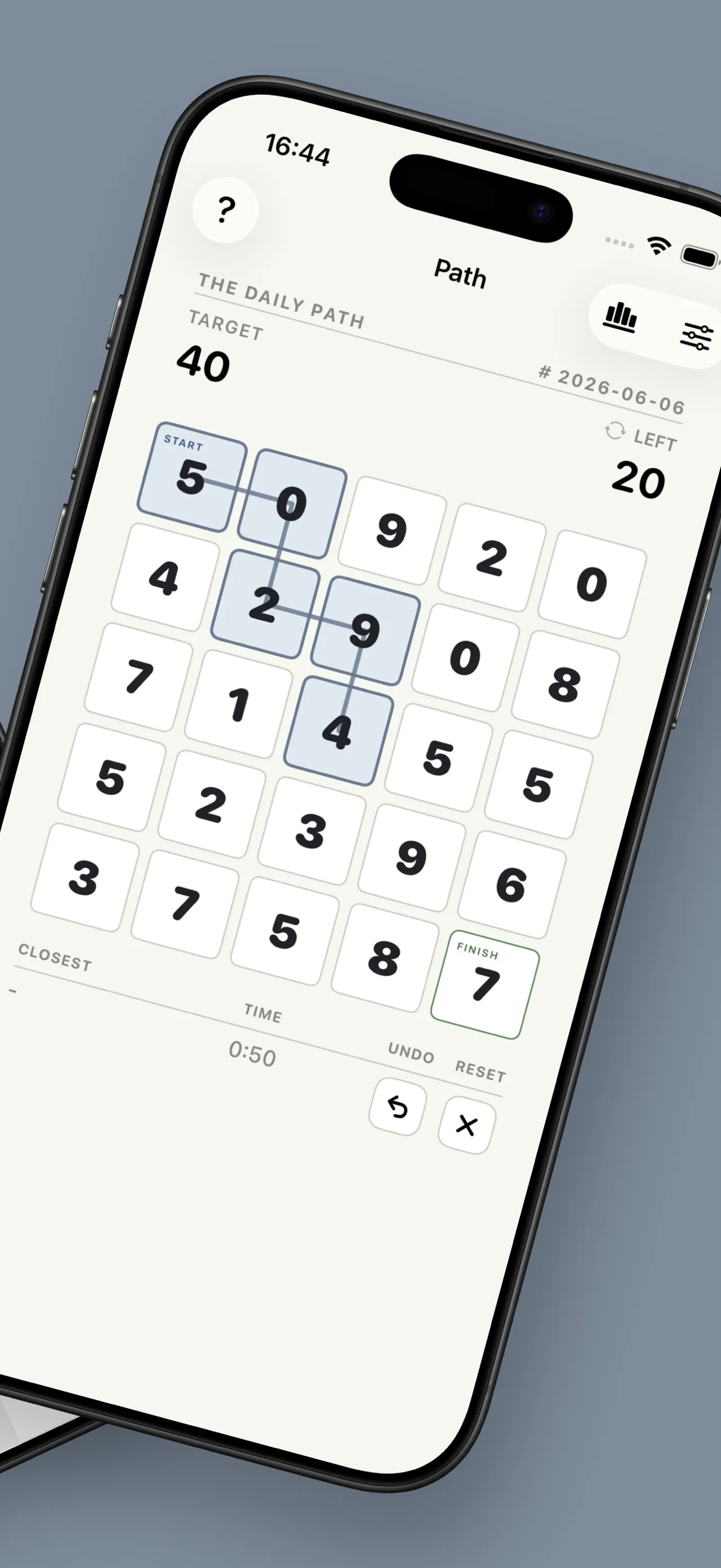 A Daily Path grid of digits with target 40, a route drawn from Start and 20 left to reach the target