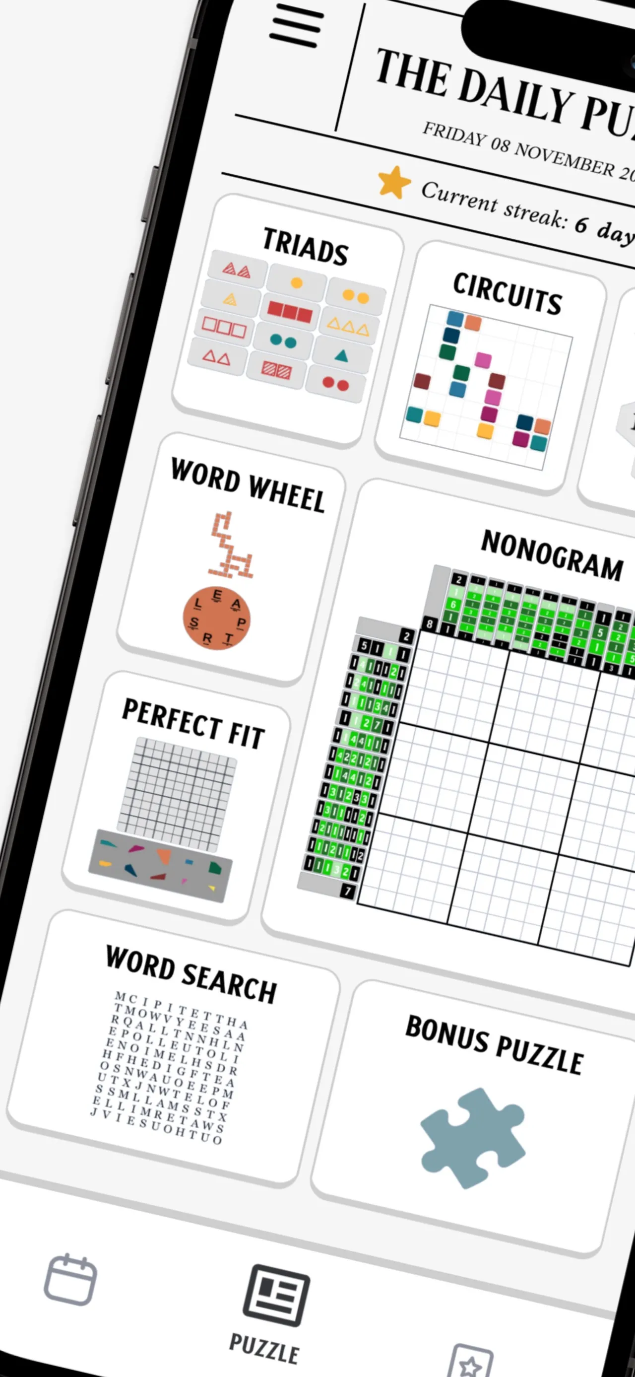 The Daily Puzzle front page, dated like a newspaper, with tiles for Triads, Circuits, Honeycomb, Word Wheel, Nonogram, Perfect Fit, Word Search and a bonus puzzle