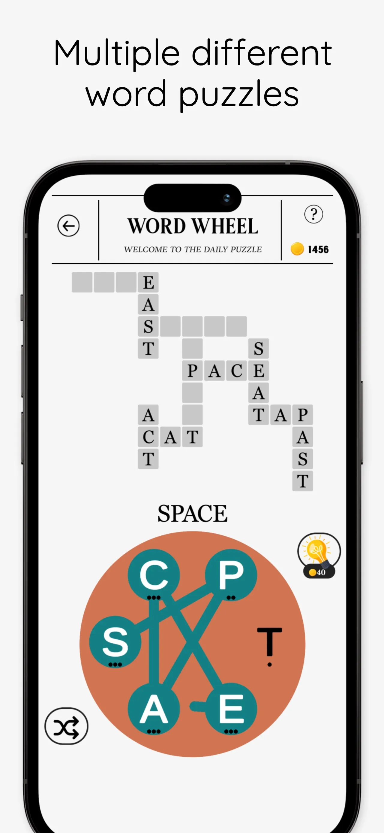 The Word Wheel puzzle in The Daily Puzzle: letters in a circle are joined to spell SPACE into a small crossword