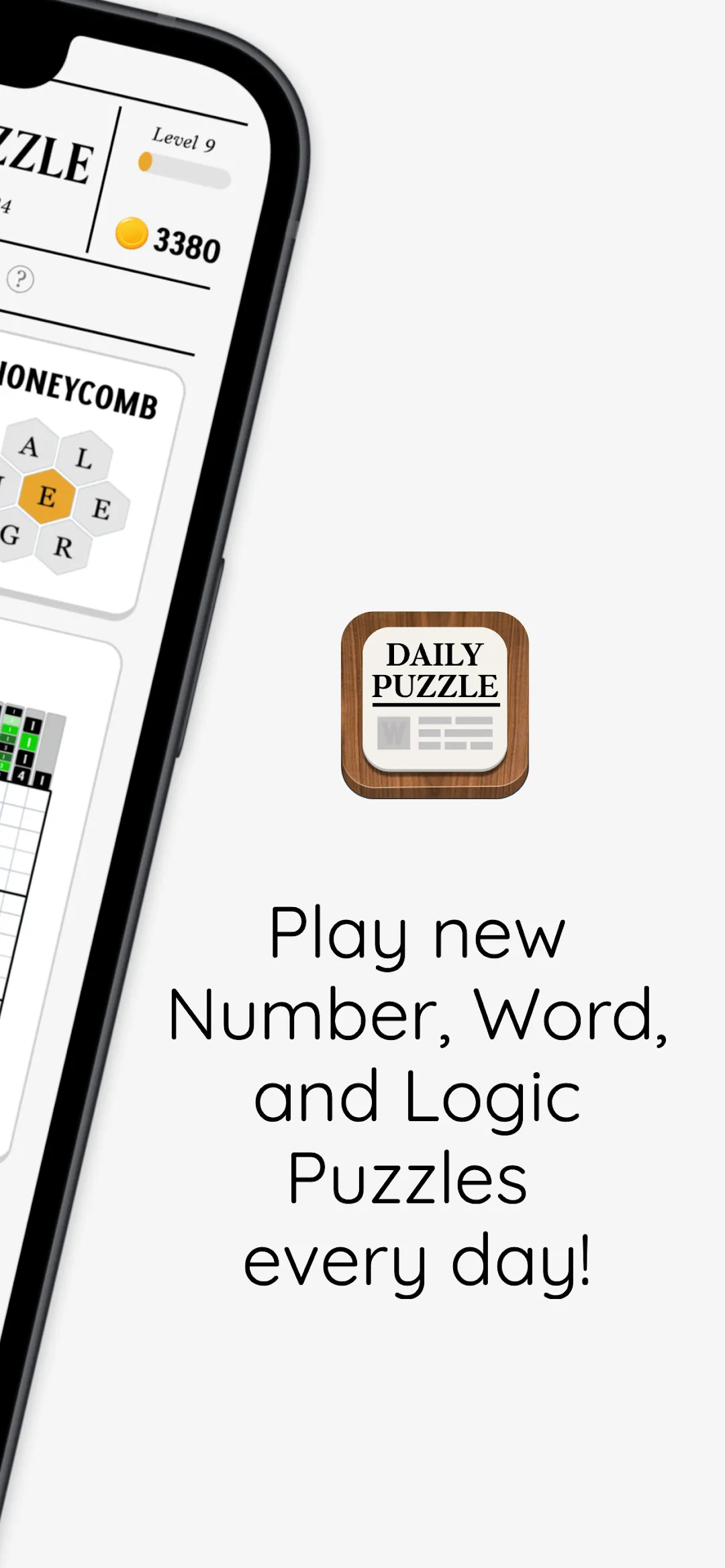 The Daily Puzzle store screenshot: Includes more than 12,000 puzzles, a finished daily page with every puzzle ticked
