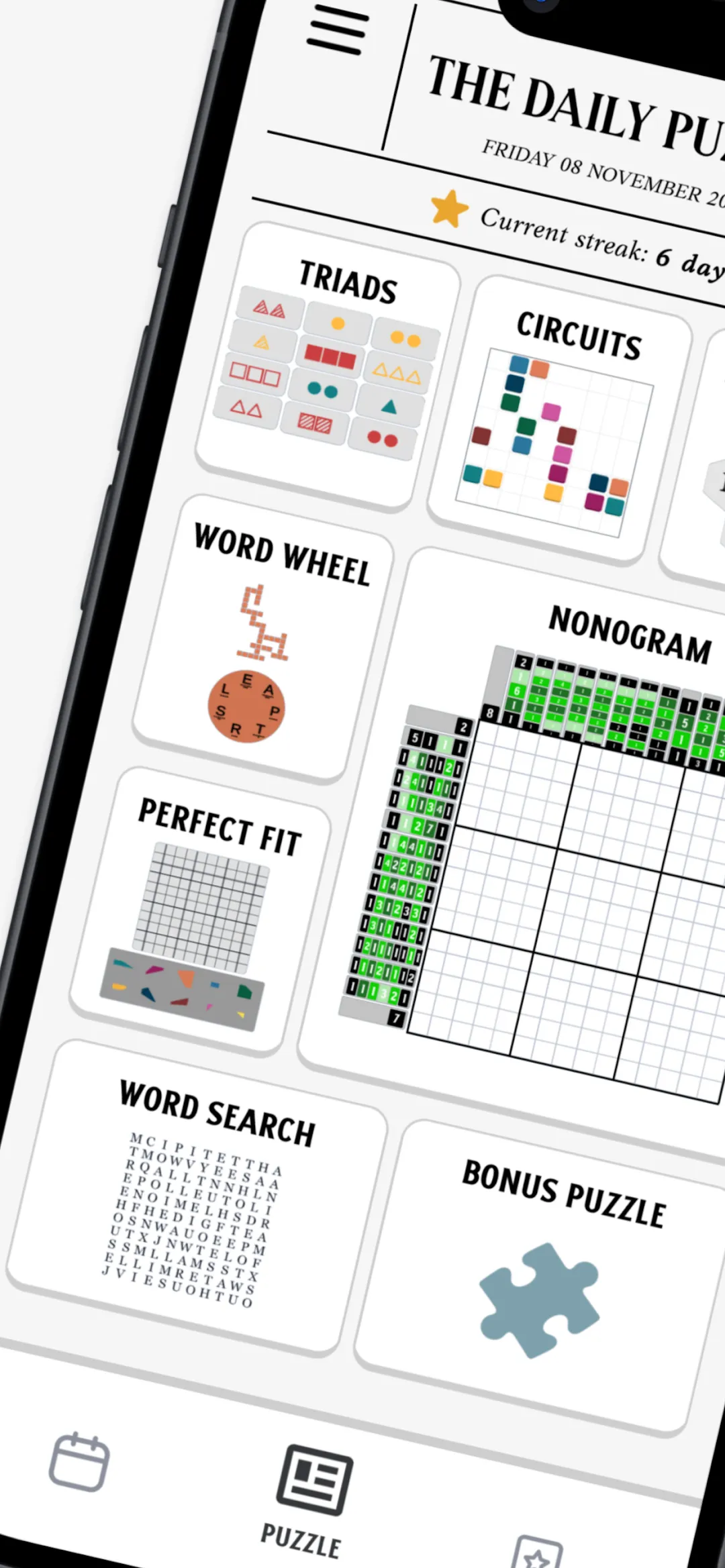 The Daily Puzzle store screenshot: the dated masthead and a page of daily puzzles, Triads, Circuits, Honeycomb, Word Wheel, Nonogram, Perfect Fit, Word Search and a bonus puzzle