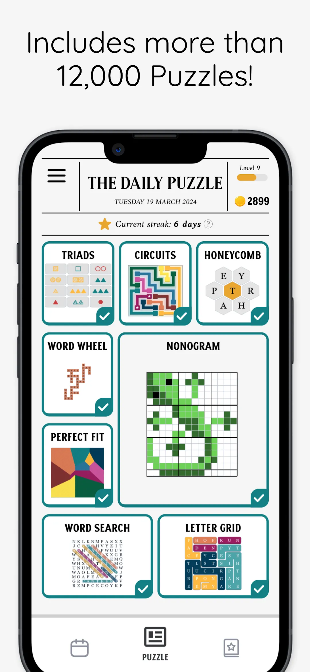 The Daily Puzzle store screenshot: Play the best nonograms, a nonogram half filled in to show a picture