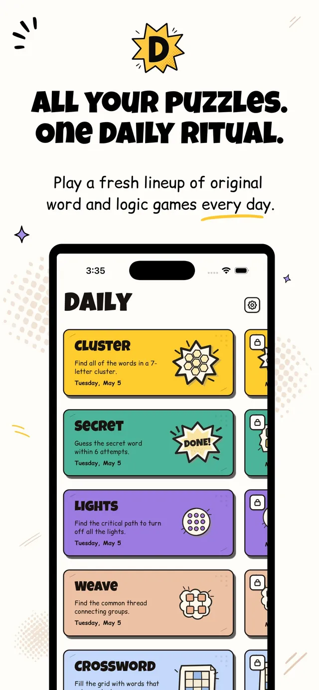 The Daily home screen: cards for Cluster, Secret (marked Done), Lights, Weave and Crossword, each dated Tuesday, May 5, under All your puzzles. One daily ritual.