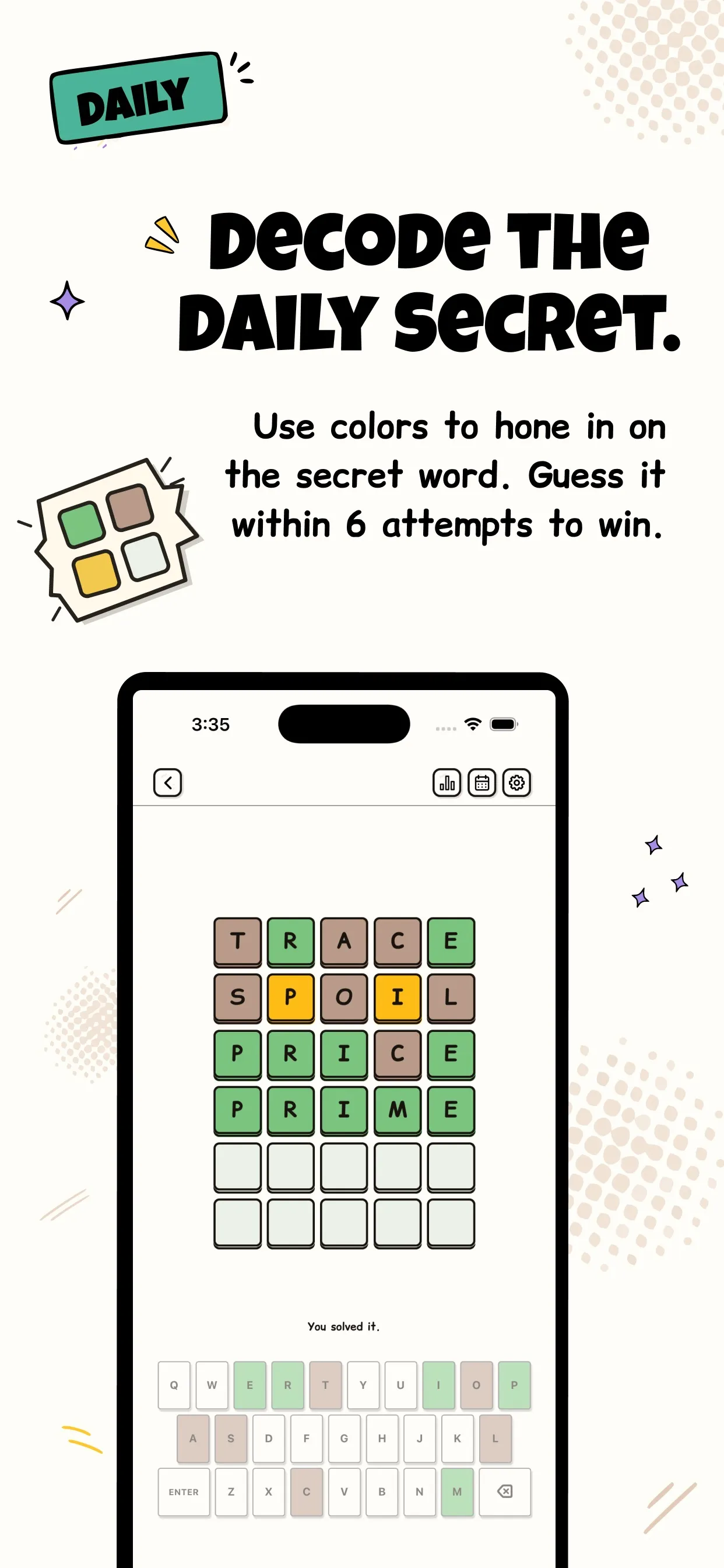 The Daily Secret puzzle solved in four guesses: Trace, Spoil, Price and Prime in coloured tiles above an on-screen keyboard.