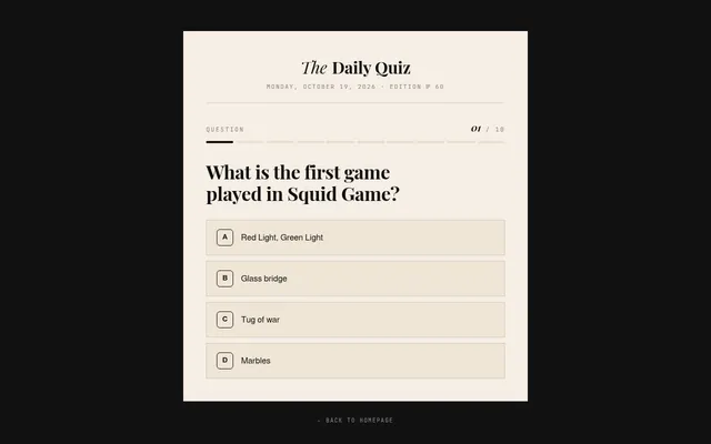 The Daily Quiz in a desktop browser, edition No. 60 of Monday October 19, 2026: question 1 of 10 asks the first game played in Squid Game, with four answers A to D.