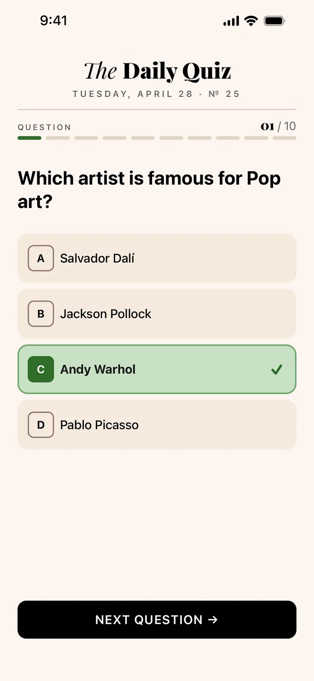 The Daily Quiz No. 25, Tuesday April 28, question 1 of 10: Which artist is famous for Pop art? with Andy Warhol marked correct among four answers.