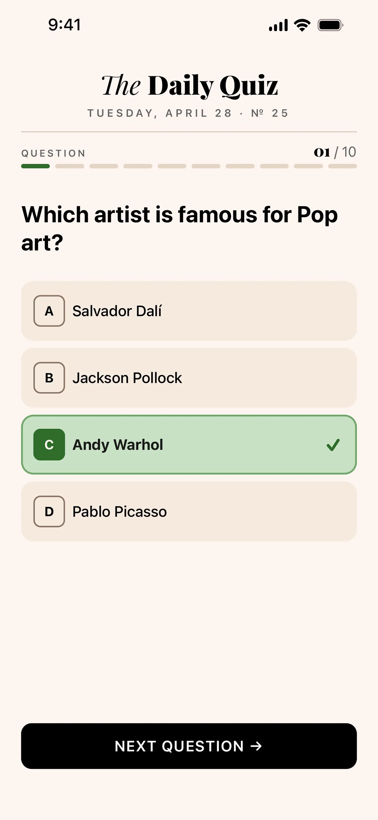 The Daily Quiz No. 25, Tuesday April 28, question 1 of 10: Which artist is famous for Pop art? with Andy Warhol marked correct among four answers.