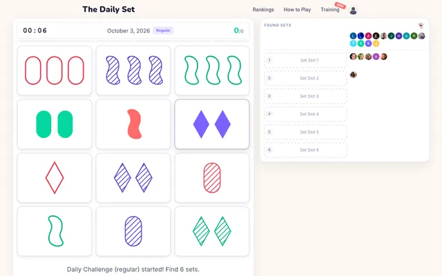 The Daily Set for October 3, 2026: twelve cards of coloured ovals, squiggles and diamonds in solid, striped and outline fills, a timer and six empty Found Sets slots