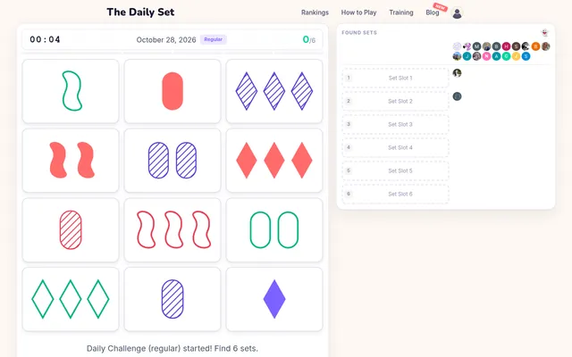 The Daily Set board for October 28, 2026 on a desktop: twelve cards of ovals, squiggles and diamonds in red, green and purple, a running timer and six empty Found Sets slots