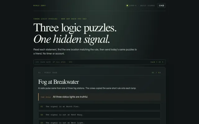 The Daily Signal on 27 Oct 2026: case 1, Fog at Breakwater, with the rule that all three status lights are truthful and three statements about North Pier, Reef Buoy and West Light