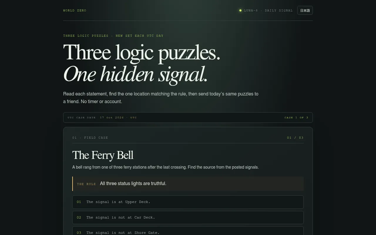 The Daily Signal's first case of the day, The Ferry Bell, with the rule that all three status lights are truthful and three statements about where the signal is