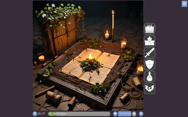 The Daily Spy board for 22 October 2026, a Fantasy Week rerun: a candlelit open book among ivy and crates, with crown, castle, sword, shield, potion and dragon icons to find