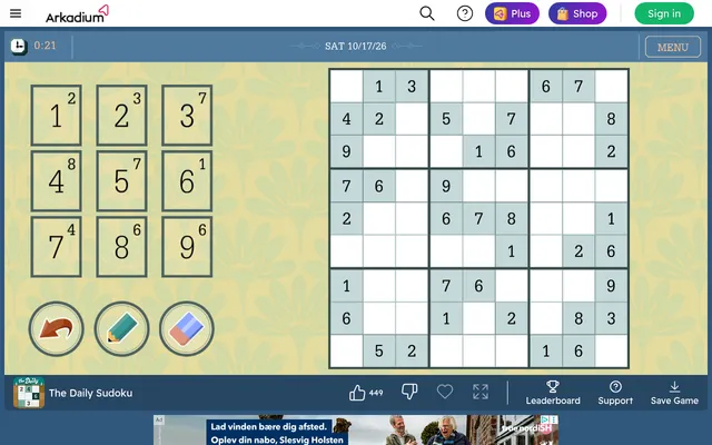 The Daily Sudoku for Saturday 10/17/26: a 9x9 grid with its given digits, a number pad showing how many of each digit remain, undo, pencil and eraser buttons and a running timer