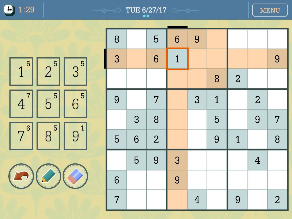 The Daily Sudoku in play: a dated 9x9 grid with the selected cell's row and column highlighted, a number pad showing how many of each digit remain, and undo, pencil and eraser buttons