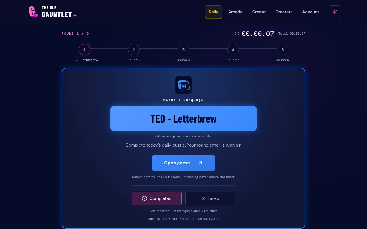 Round 1 of 5 on 27 October 2026: the Words and Language game TED - Letterbrew revealed, with the running timer, an Open game button and Completed or Failed