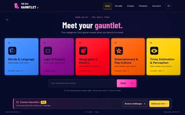 The Dle Gauntlet's daily five for 27 October 2026: five category cards from Words and Language to Trivia, Estimation and Perception, each game hidden until its round