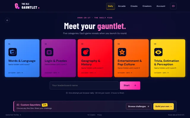 The Dle Gauntlet's daily five for 17 October 2026: five category cards for words, logic, geography, entertainment and trivia, with each game hidden until its round