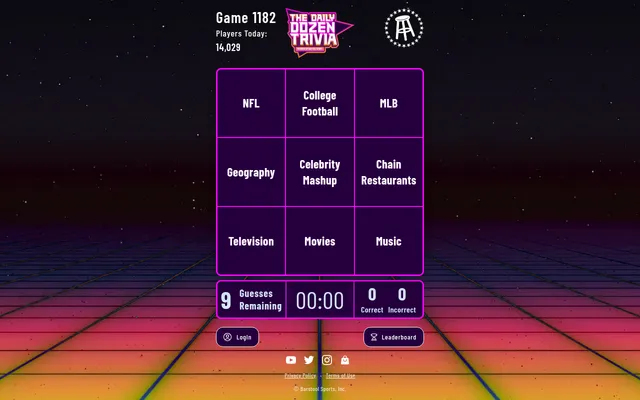 The Dozen: Daily Trivia, Game 1182: a 3 by 3 grid of topics from NFL and College Football to Chain Restaurants and Music, with 9 guesses remaining and a timer