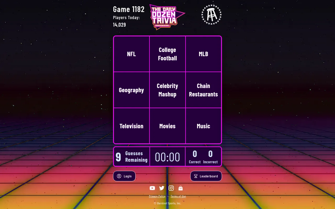 The Dozen: Daily Trivia, Game 1182: a 3 by 3 grid of topics from NFL and College Football to Chain Restaurants and Music, with 9 guesses remaining and a timer
