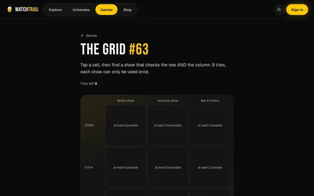 The Grid #63 on WatchTrail: a 3x3 board crossing British show, American show and War & Politics with 2020s and Crime, each cell showing how many shows fit