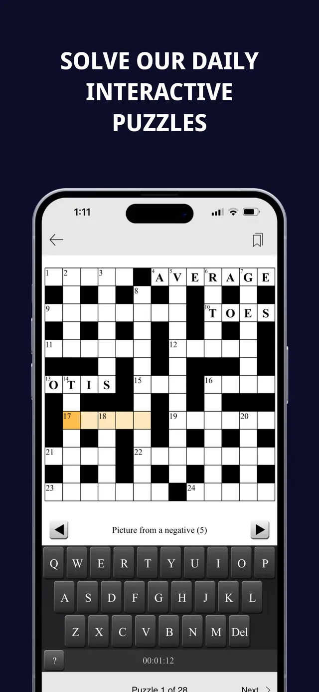 The Herald app's interactive crossword on a phone: a 13 by 13 grid with AVERAGE, TOES and OTIS filled in and the clue 'Picture from a negative (5)' under the board