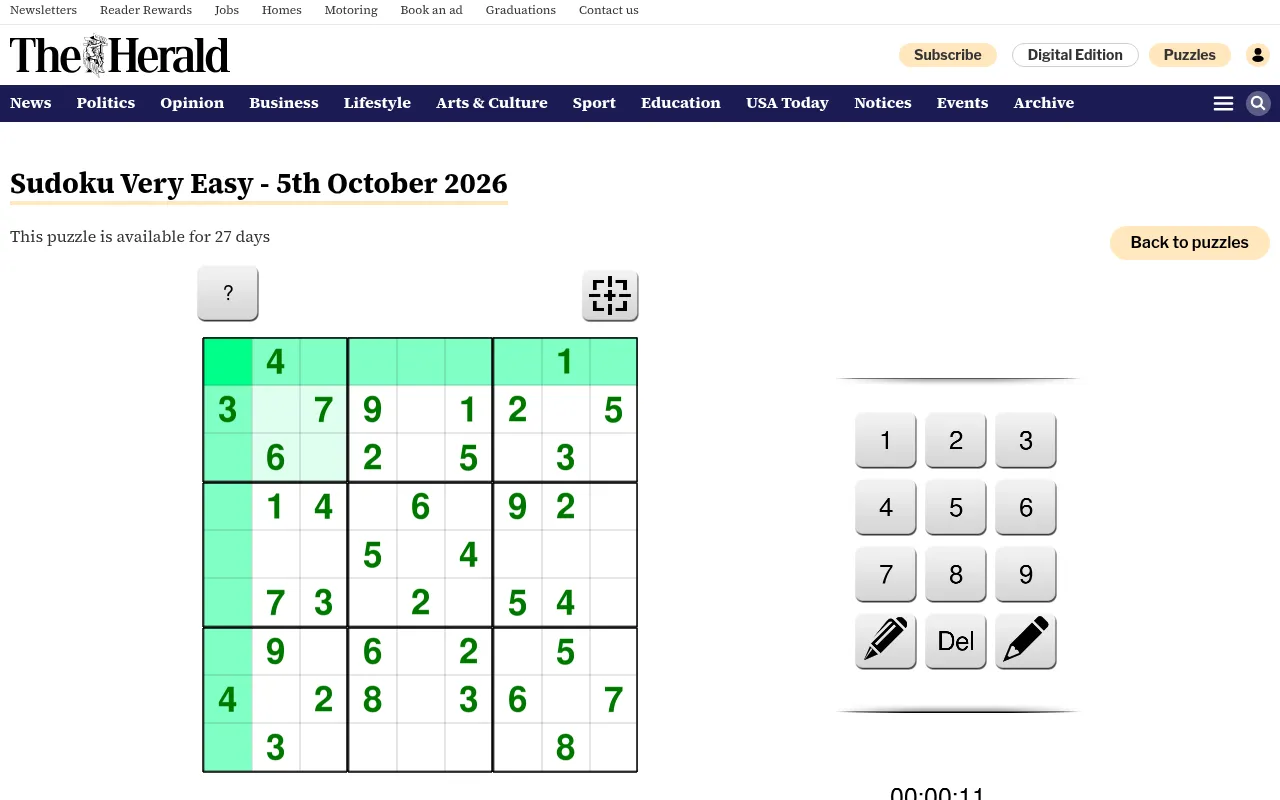 The Herald's Sudoku Very Easy for 5 October 2026: a 9x9 grid with green given digits, the top row highlighted, beside a number keypad with pencil and Del keys