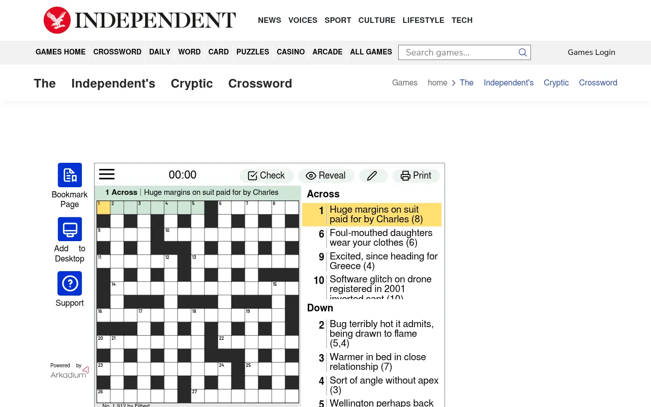 The Independent's Cryptic Crossword for 18 October 2026, No. 1,912 by Filbert: the 15 by 15 grid beside its across and down clues, with Check, Reveal and Print buttons