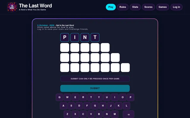 The Last Word puzzle for 3 October 2026: the starting word PINT above empty rows of five, six and seven letters, a Submit button and an on-screen keyboard