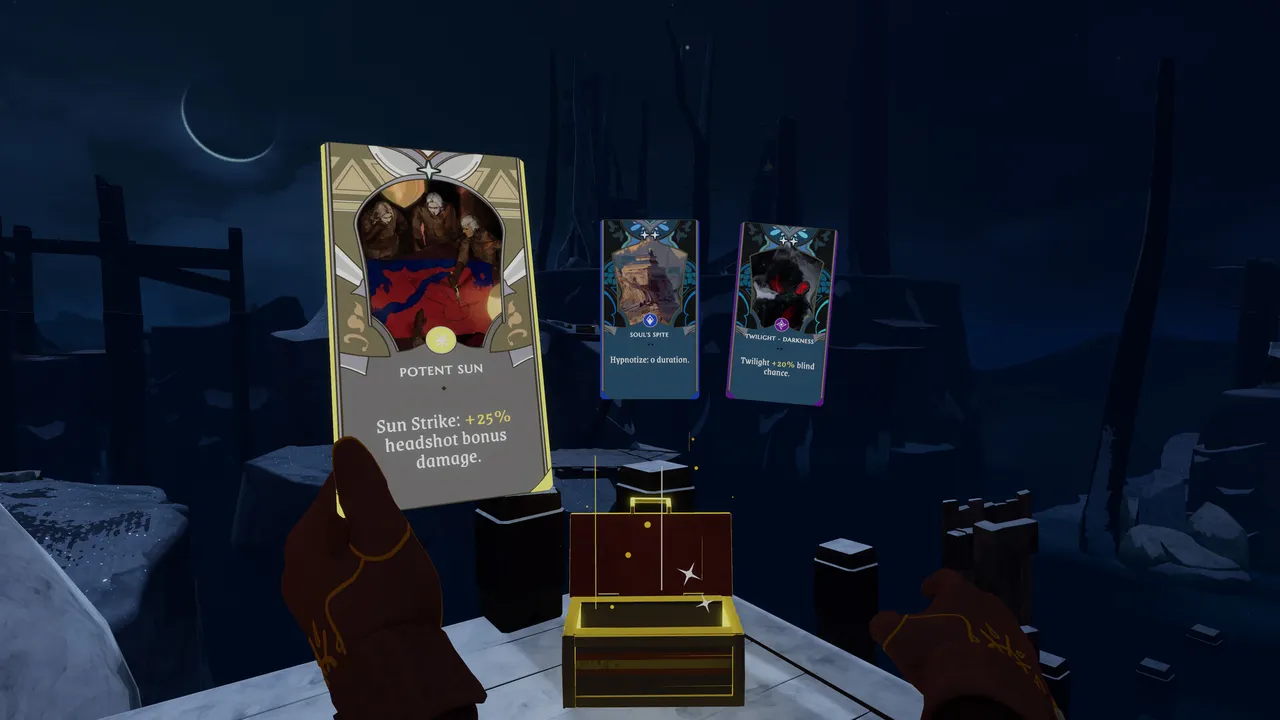 The Light Brigade: picking the Potent Sun tarot card from an open chest, with two other tarot cards floating beside it at night