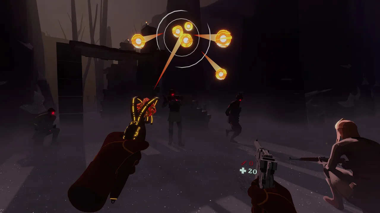 The Light Brigade: a hand casts glowing orbs of light magic while a pistol aims at red-eyed soldiers in a dark ruin
