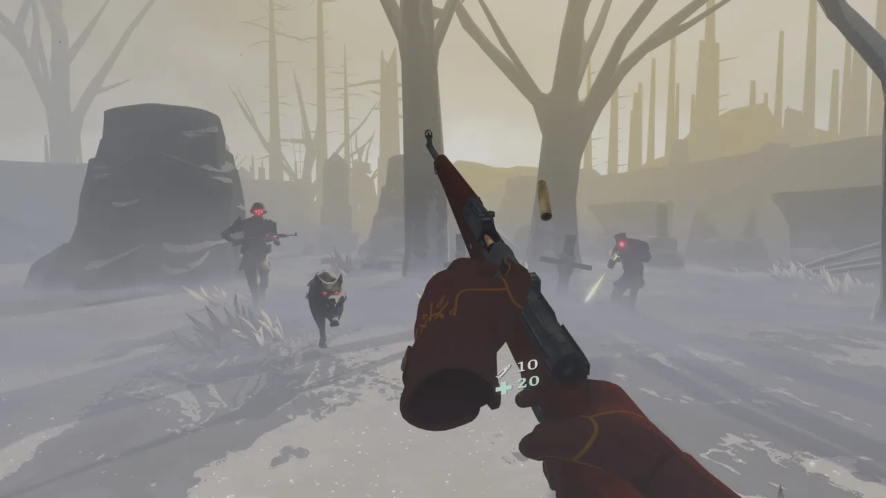 The Light Brigade gameplay: working the bolt of a rifle in a snowy, foggy forest as red-eyed soldiers and a wolf charge