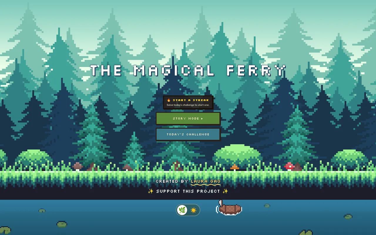 The Magical Ferry title screen: Start a streak, Story Mode and Today's Challenge buttons over a pixel-art forest and river with the ferry