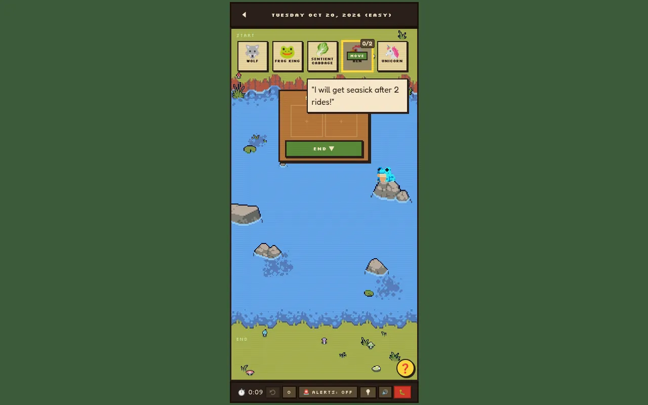 Today's Magical Ferry board for 20 Oct 2026: wolf, frog king, sentient cabbage, hen and unicorn cards on the start bank above a pixel-art river and the empty ferry