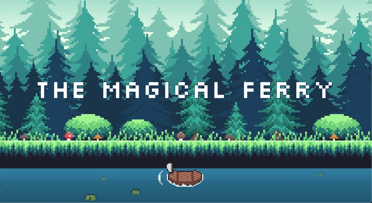 The Magical Ferry title art: a pixel-art pine forest above a river with a small wooden ferry and the game's name