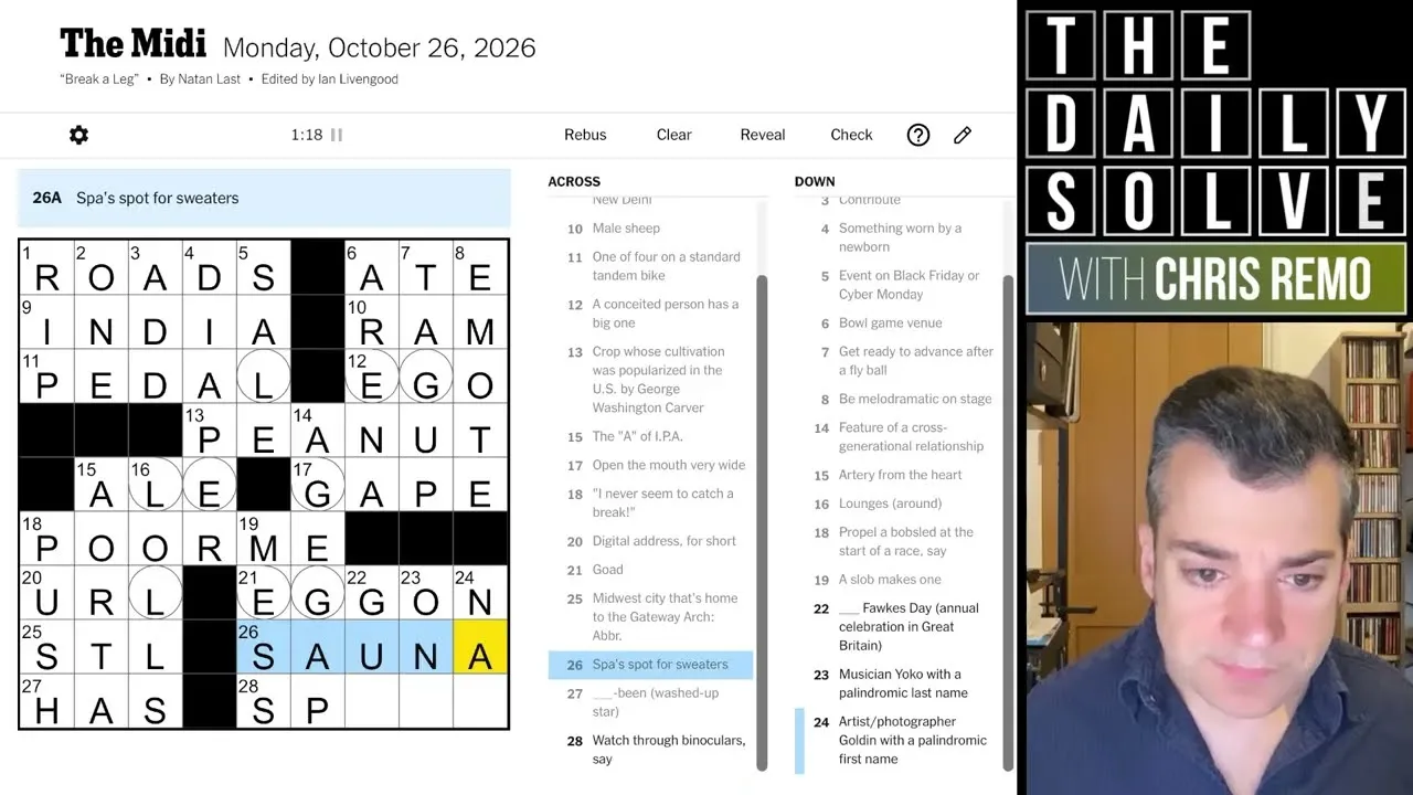 The Midi for Monday 26 October 2026, Break a Leg by Natan Last: a part-filled 9 by 9 grid with Across and Down clues, from a solver's YouTube video
