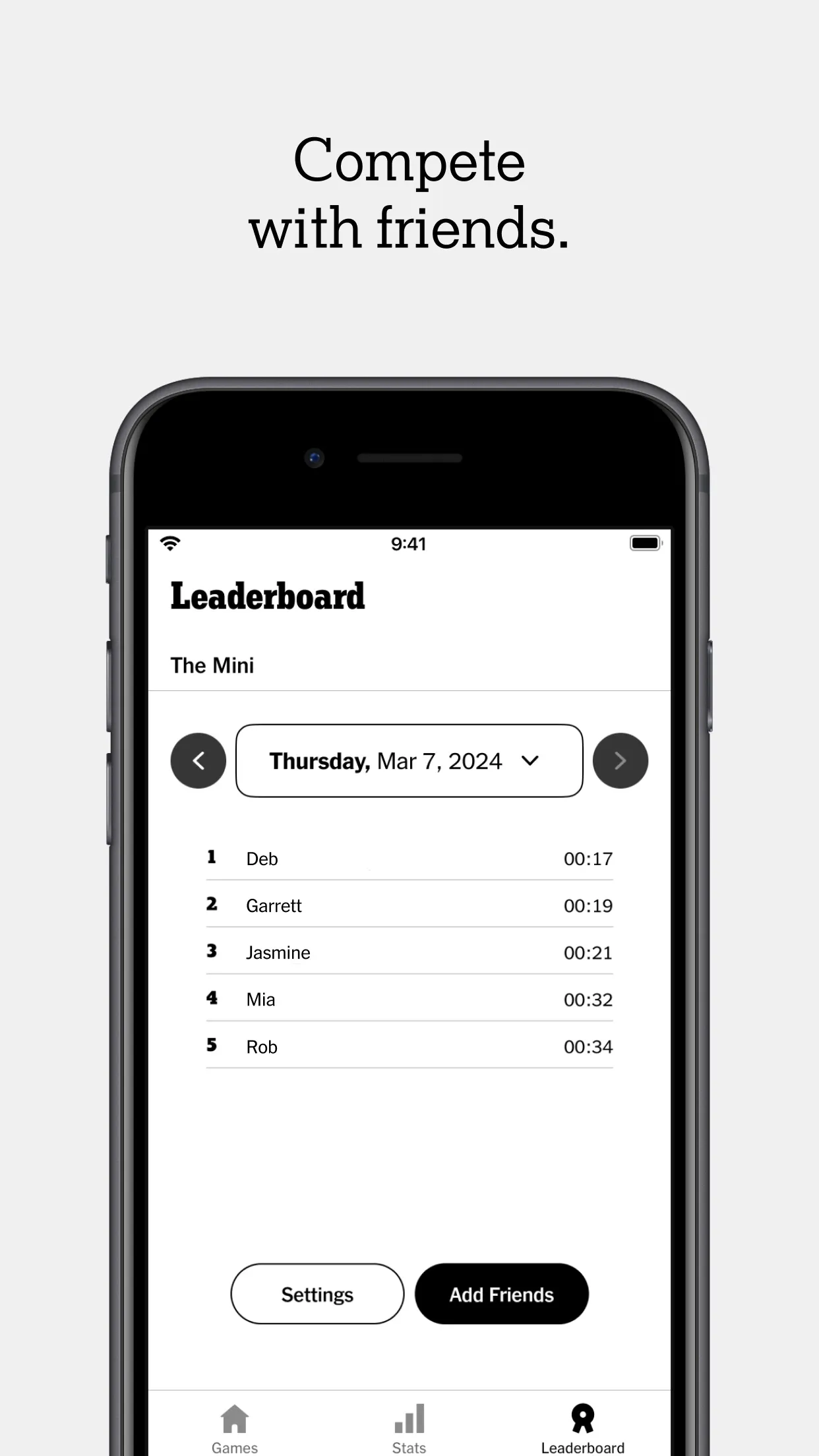 The Mini leaderboard in the NYT Games app, with five friends' solve times for one day