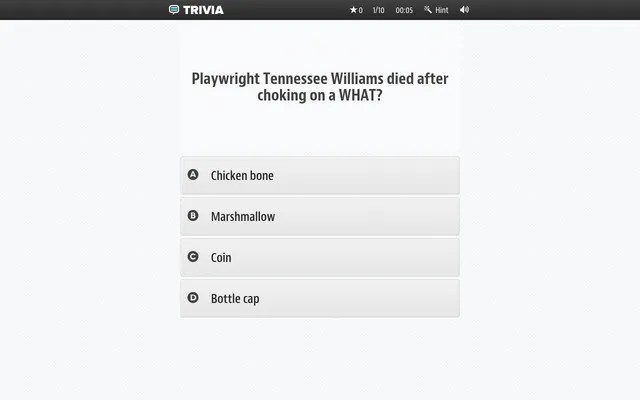 The New Daily Trivia: a General Knowledge question about Tennessee Williams with four answers, a clock and a hint button